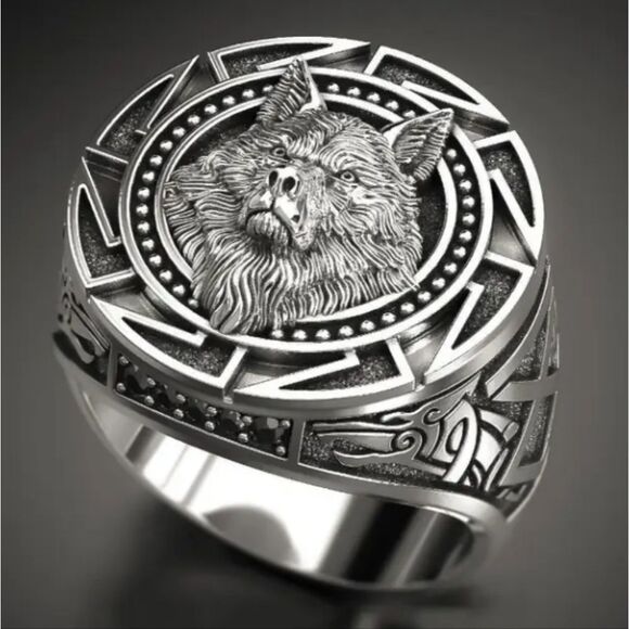 Unisex Silver Wolf Ring Sz 7 - Picture 1 of 5